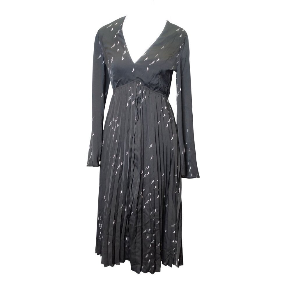 Avec Les Filles Black Lightning Bolt Long Sleeves Pleated Midi Dress Women's NWT